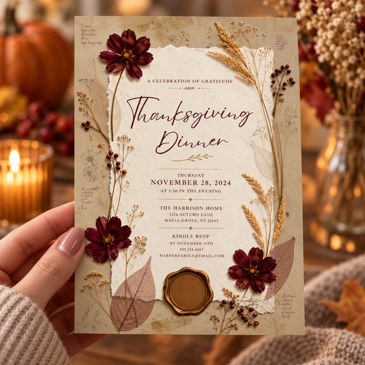 Hand holding a vintage botanical Thanksgiving dinner invitation with burgundy cosmos and a wax seal
