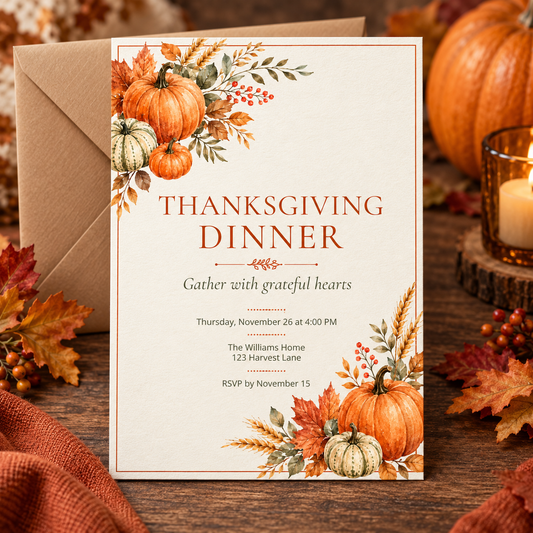 Watercolor pumpkin and wheat Thanksgiving dinner invitation resting on a kraft envelope