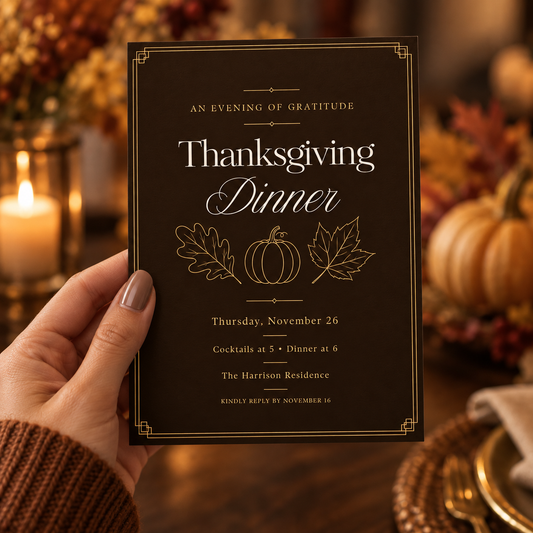 Hand holding a black and gold Thanksgiving dinner invitation with line-art pumpkin and leaves