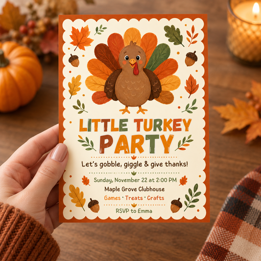 Hand holding a Little Turkey Party kids Thanksgiving invitation with a cartoon turkey