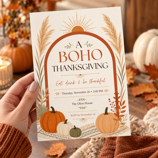 Hand holding a boho Thanksgiving invitation with a terracotta arch, pampas grass and pumpkins