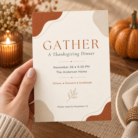 Hand holding a minimalist Gather Thanksgiving invitation with terracotta abstract shapes