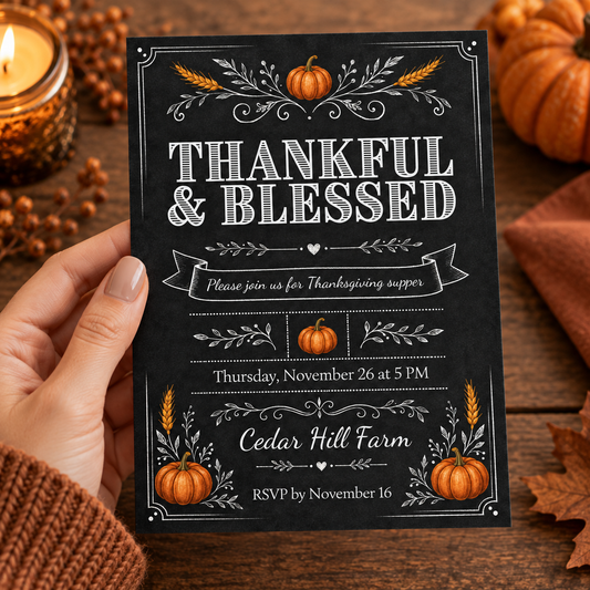 Hand holding a chalkboard Thankful and Blessed Thanksgiving supper invitation with pumpkins