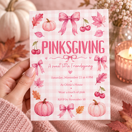 Hand holding a pink gingham Pinksgiving Friendsgiving invitation with bows and pumpkins
