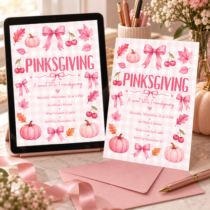 Pinksgiving invitation template with matching tablet display, editable girly pink design