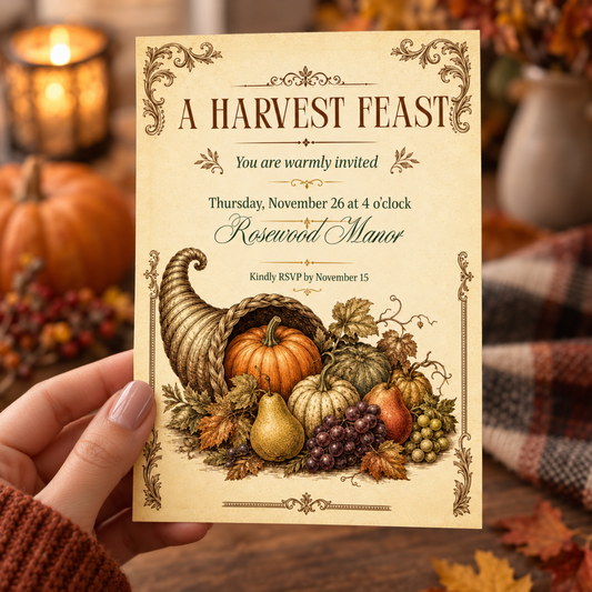 Hand holding a vintage Harvest Feast invitation with an engraved-style cornucopia