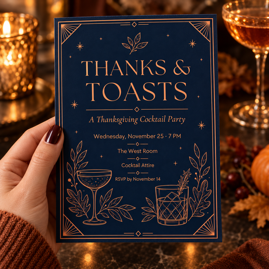 Hand holding a navy and copper Thanks and Toasts Thanksgiving cocktail party invitation