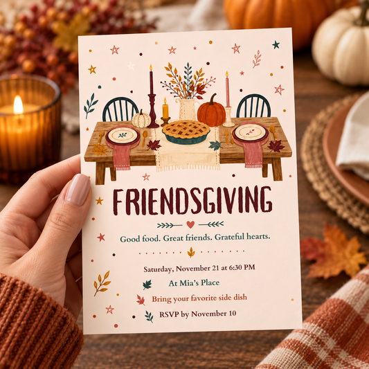 Hand holding a whimsical Friendsgiving invitation illustrated with a cozy dinner table and pie