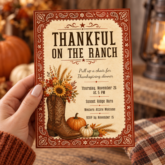 Hand holding a western Thankful on the Ranch Thanksgiving invitation with a cowboy boot bouquet