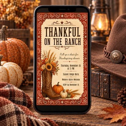 Thankful on the Ranch invitation template shown on phone screen, editable rustic bandana design
