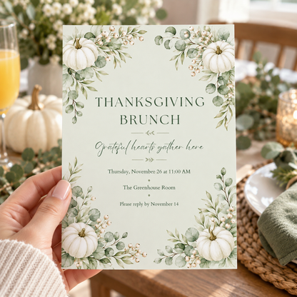Thanksgiving Brunch invitation Canva template held in hand, editable white pumpkin eucalyptus design
