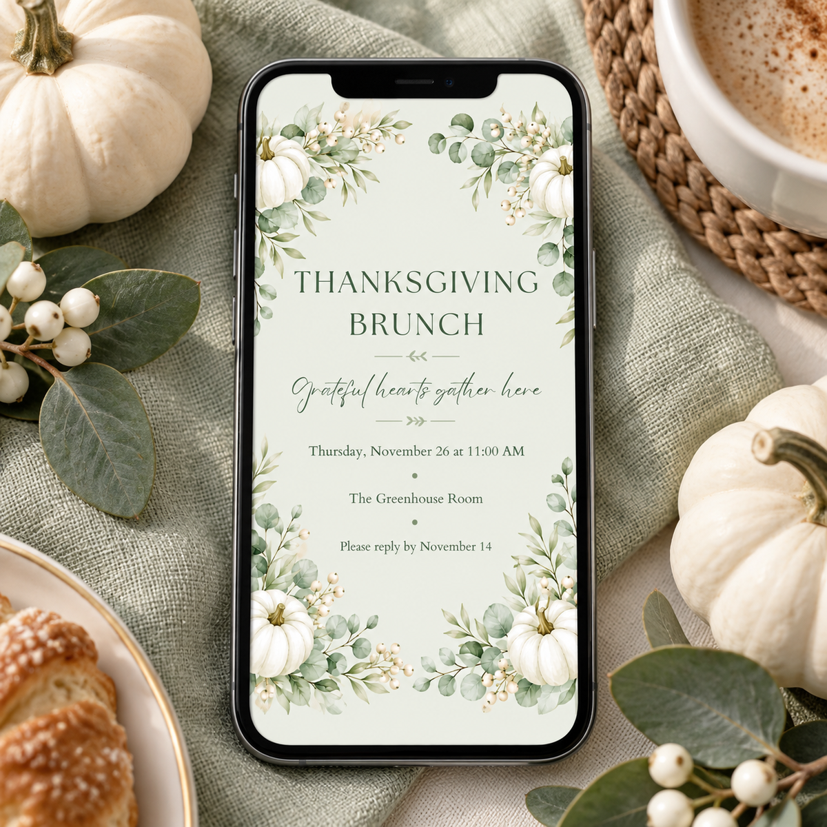Thanksgiving Brunch invitation template shown on phone screen, editable sage green floral design