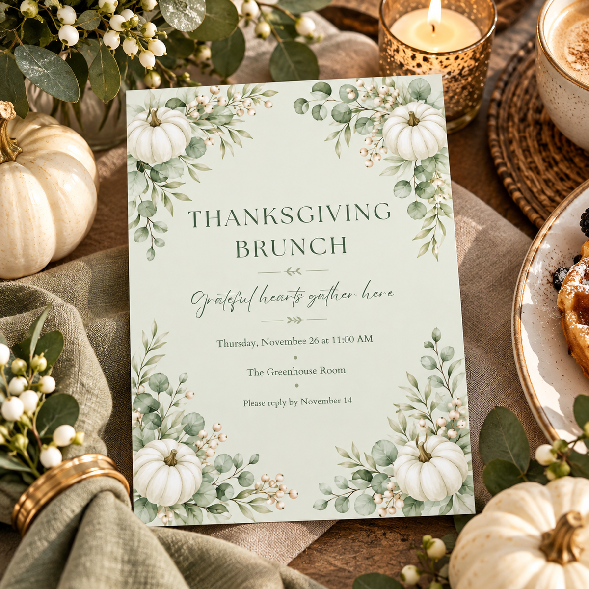 Thanksgiving Brunch invitation template standing near candle, editable elegant botanical design