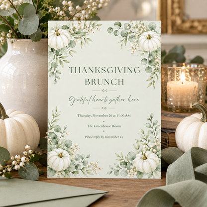 Thanksgiving Brunch invitation template with pumpkin and candle, editable neutral fall design