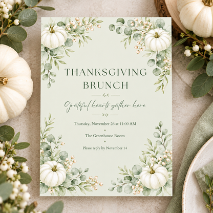 Thanksgiving Brunch invitation template with sage envelope, editable greenery dinner design
