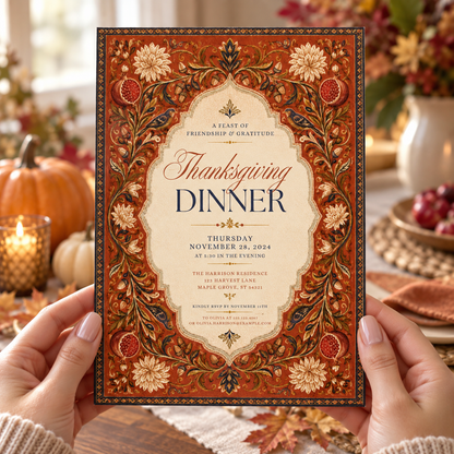 Ornate pomegranate Thanksgiving dinner invitation Canva template held in hand, editable tapestry design