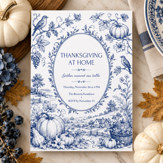 Blue toile Thanksgiving at Home invitation on a table with white pumpkins and blue china