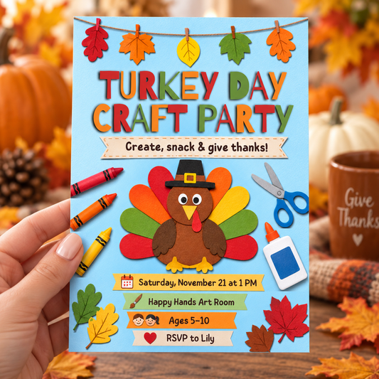 Hand holding a Turkey Day Craft Party kids Thanksgiving invitation with a paper turkey
