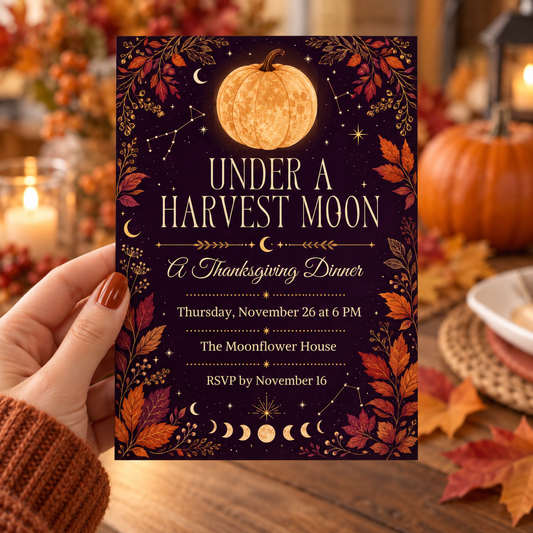 Hand holding a celestial Under a Harvest Moon Thanksgiving dinner invitation