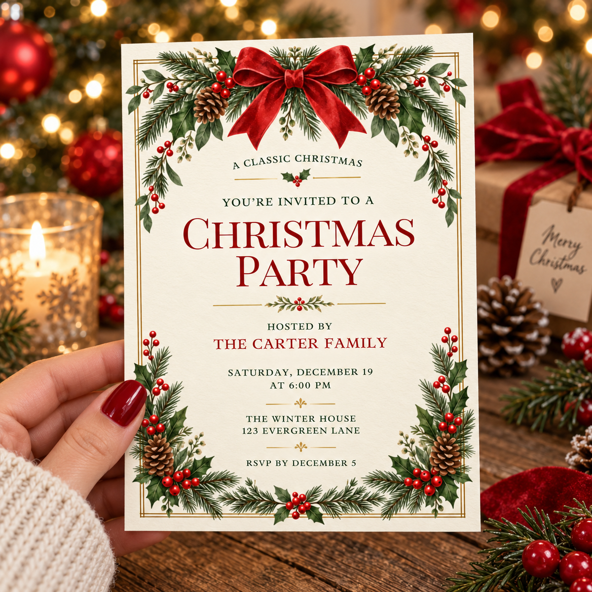 Hand holding a classic Christmas party invitation with a red bow, holly and pine garland