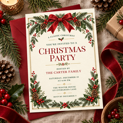 Red bow Christmas party invitation lying on a red velvet ribbon among pine branches