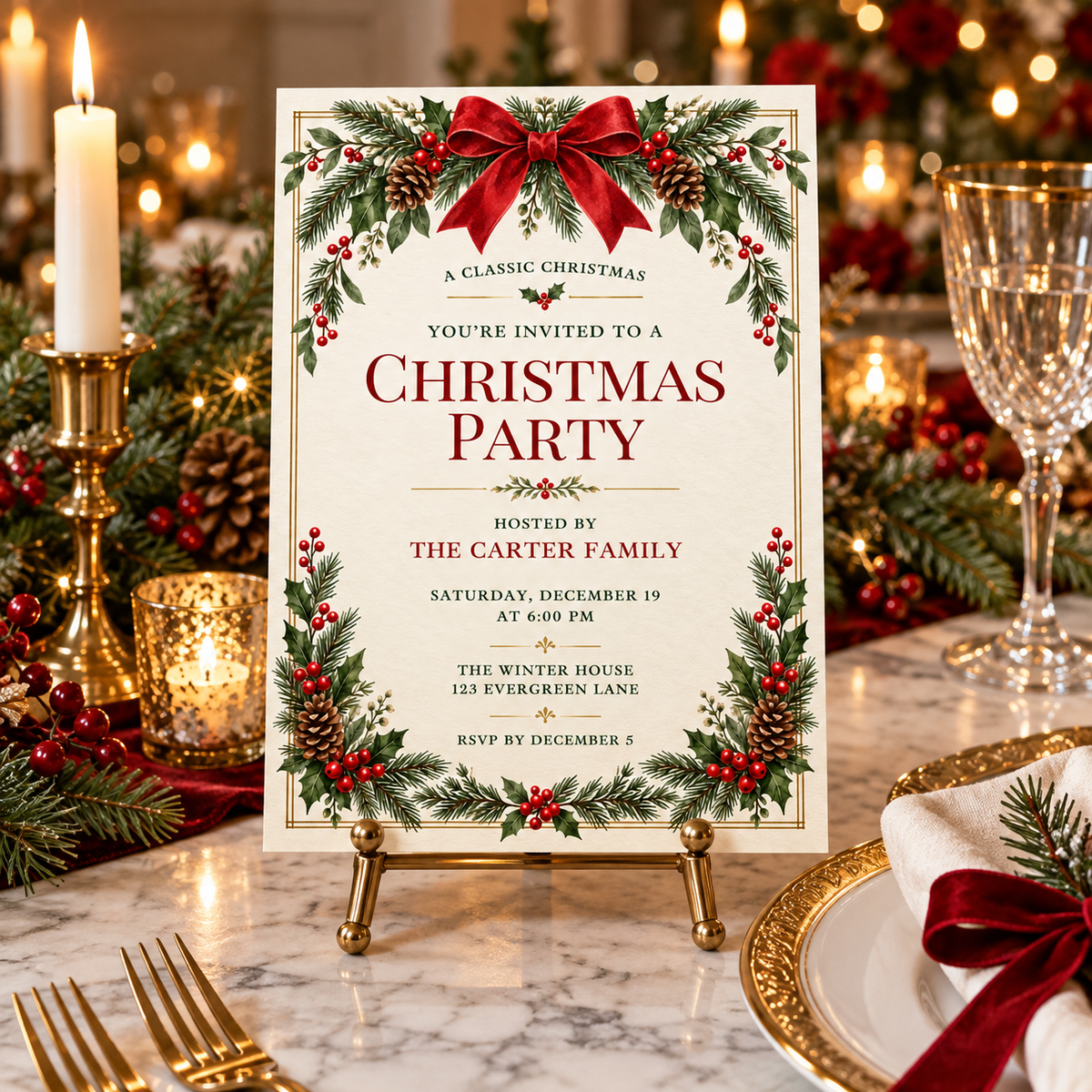 Classic Christmas party invitation on a gold easel on a festive dinner table