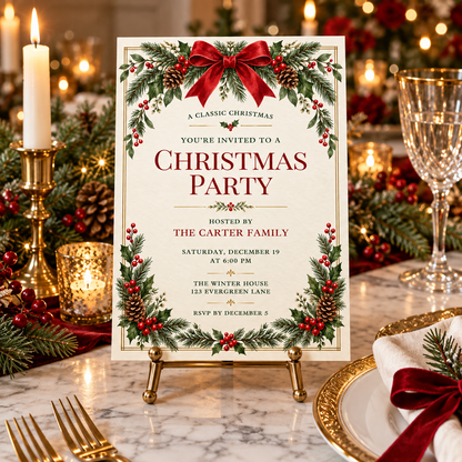 Classic Christmas party invitation on a gold easel on a festive dinner table