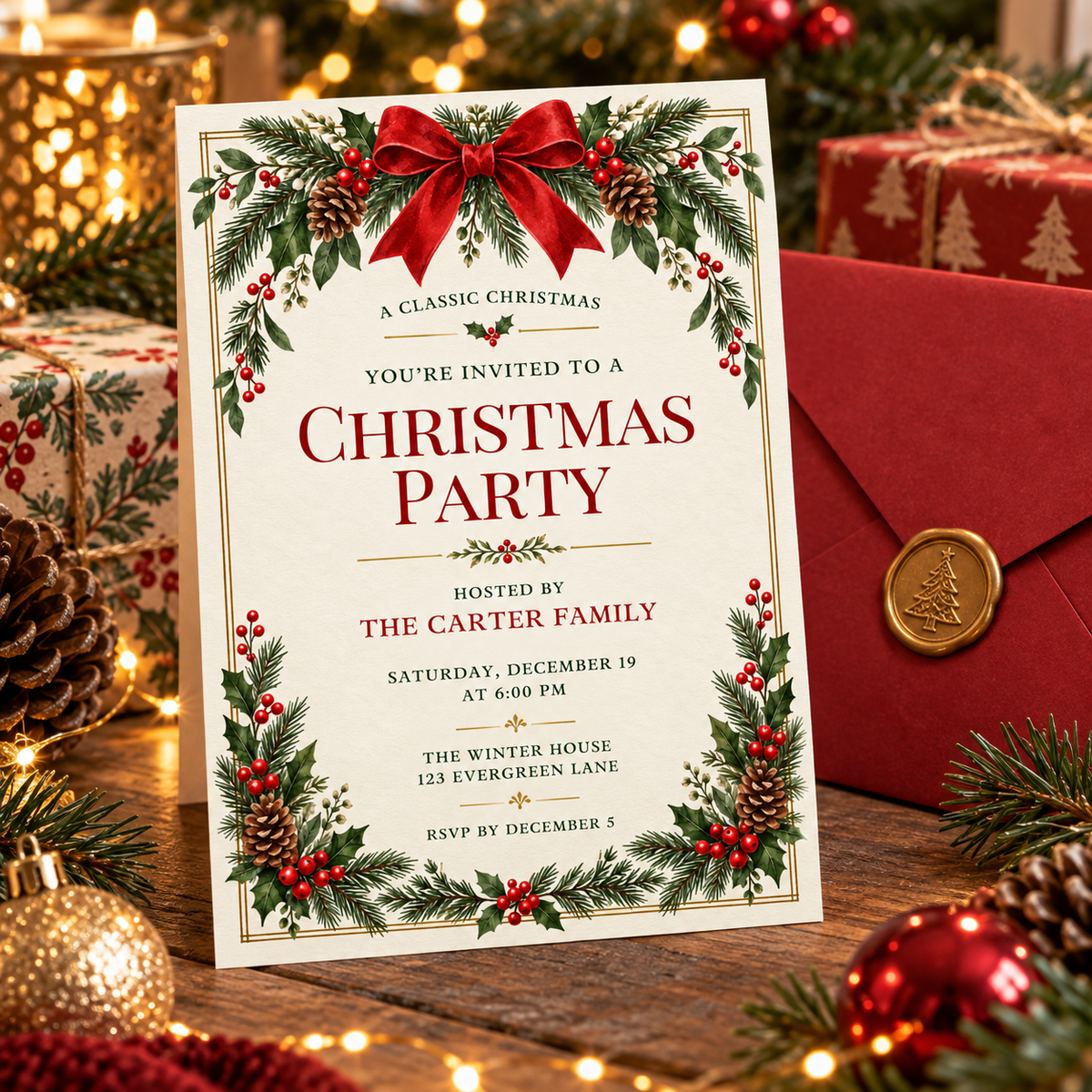 Holly and pine Christmas invitation standing beside a red envelope with a gold seal