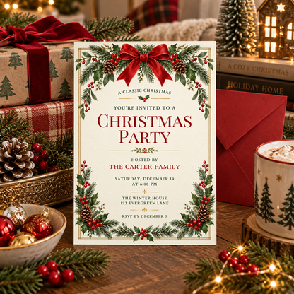 Red bow Christmas party invitation on a table with ornaments and twinkle lights