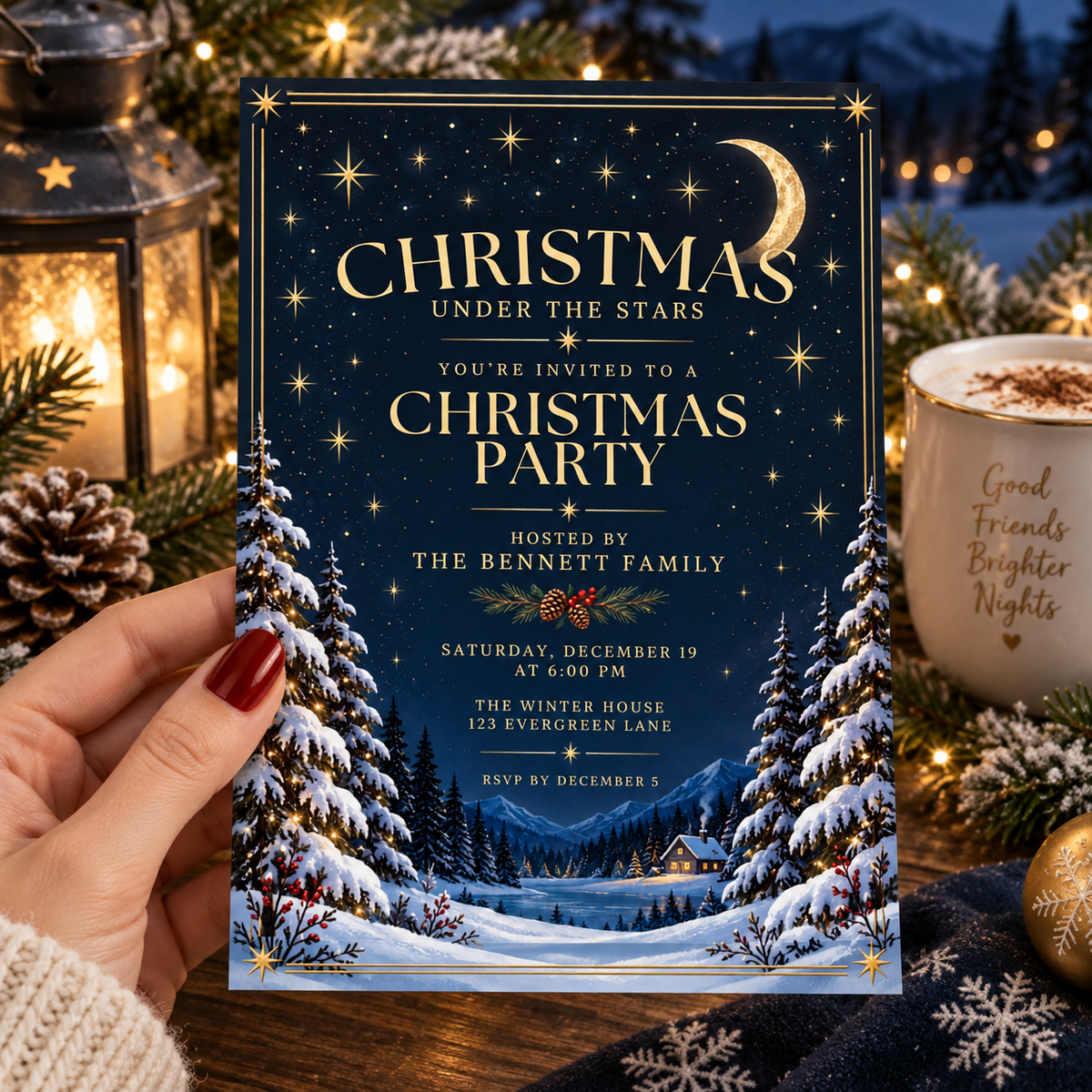 Navy and gold starry night Christmas party invitation held in a hand beside a cozy mug and pine cones