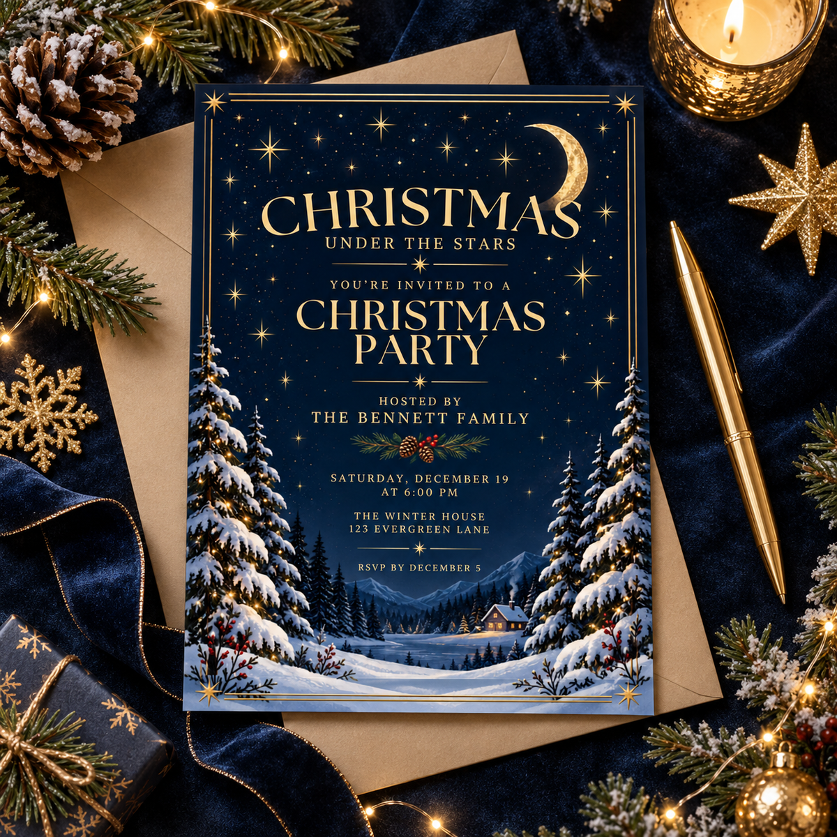Christmas Under the Stars invitation on navy velvet with gold stars and evergreen sprigs