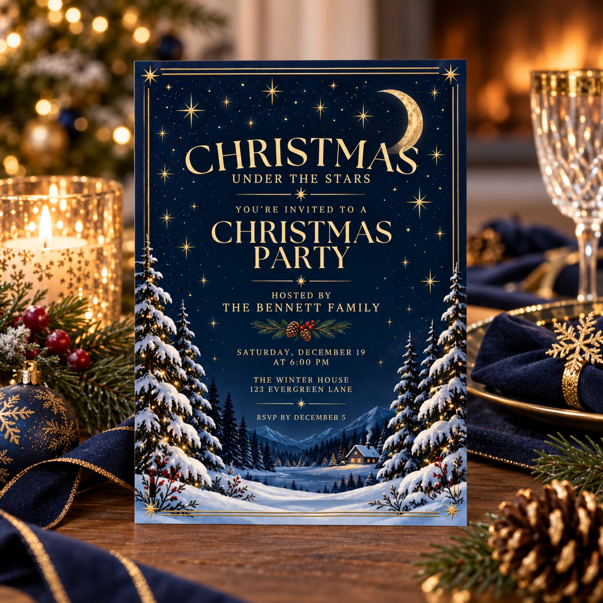 Navy Christmas party invitation standing on a candlelit holiday table with glassware