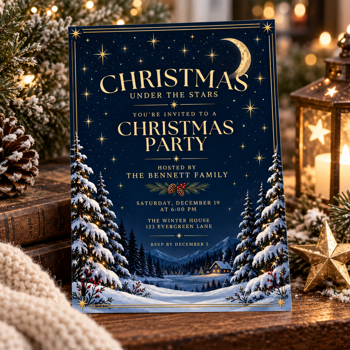 Starry night Christmas invitation laid on a wooden table with pine cones and gold ornaments