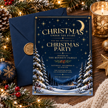 Navy and gold Christmas invitation with a matching navy envelope and gold wax seal