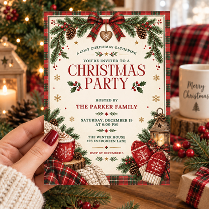 Red plaid Christmas party invitation with mittens and cocoa held in a hand near a lantern