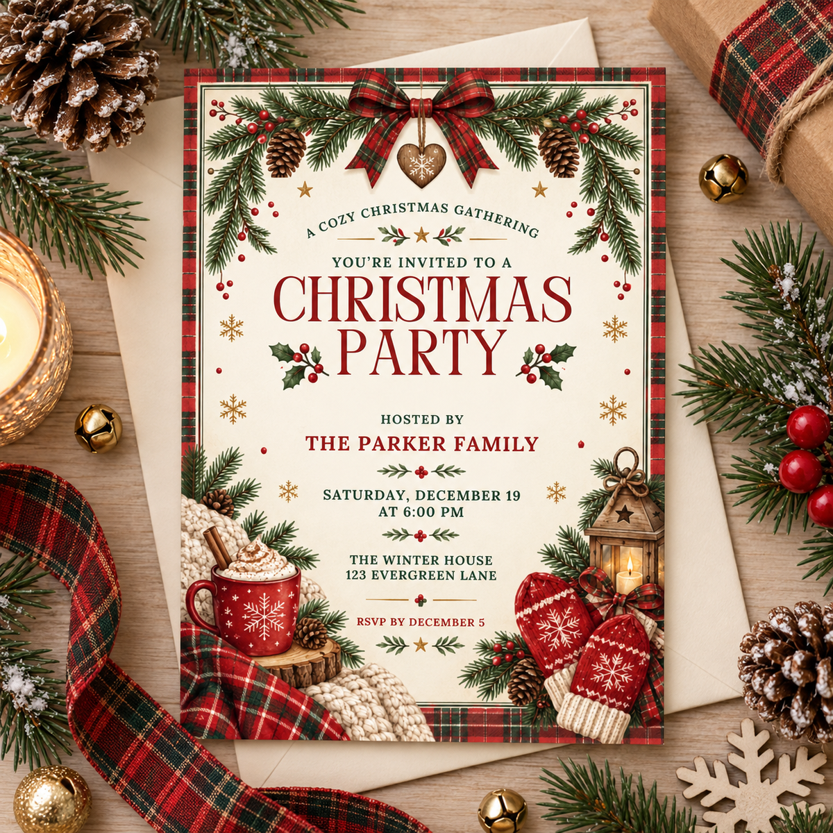 Cozy Christmas gathering invitation on a tartan blanket with pine branches and cocoa mug