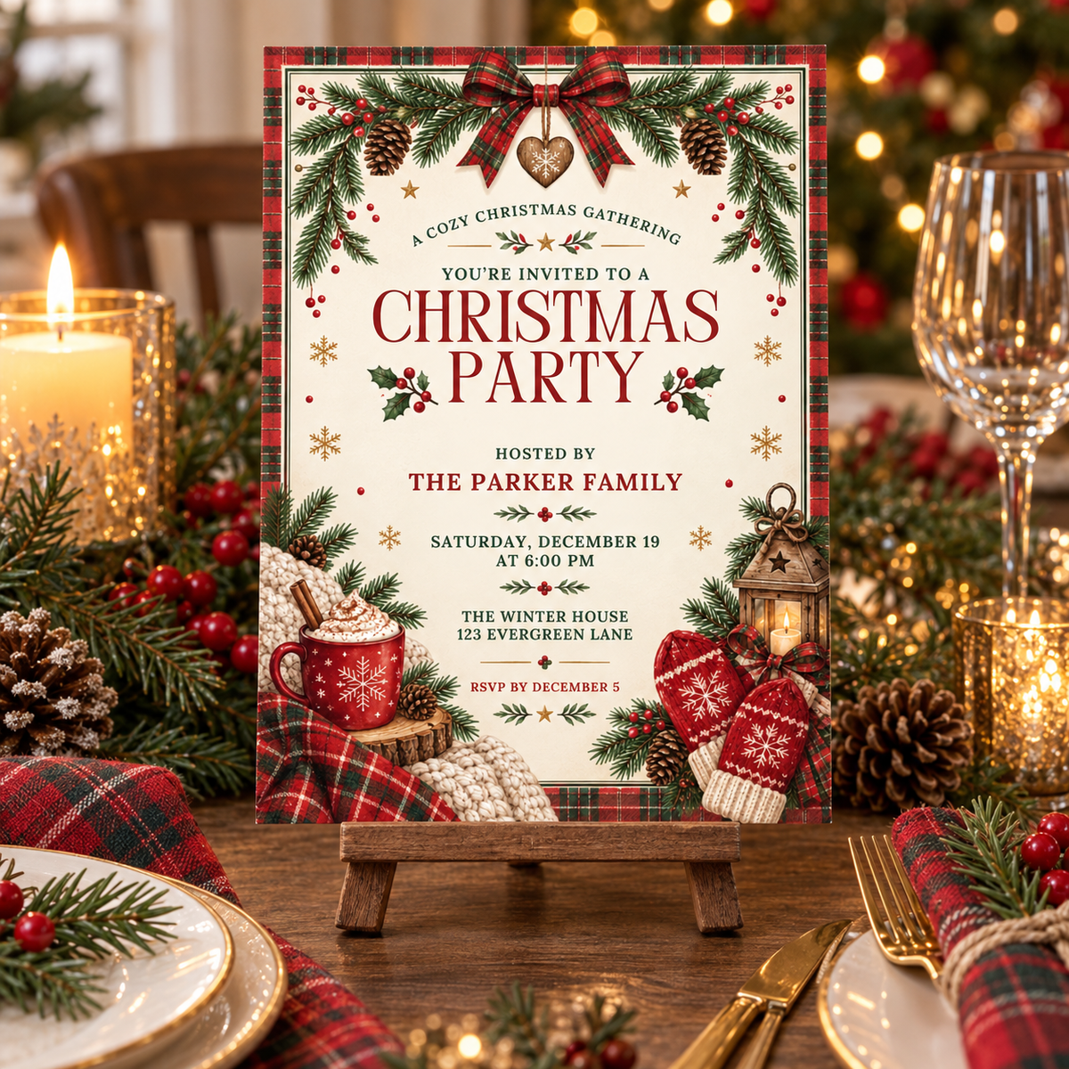 Red and cream Christmas party invitation on a small easel on a candlelit table