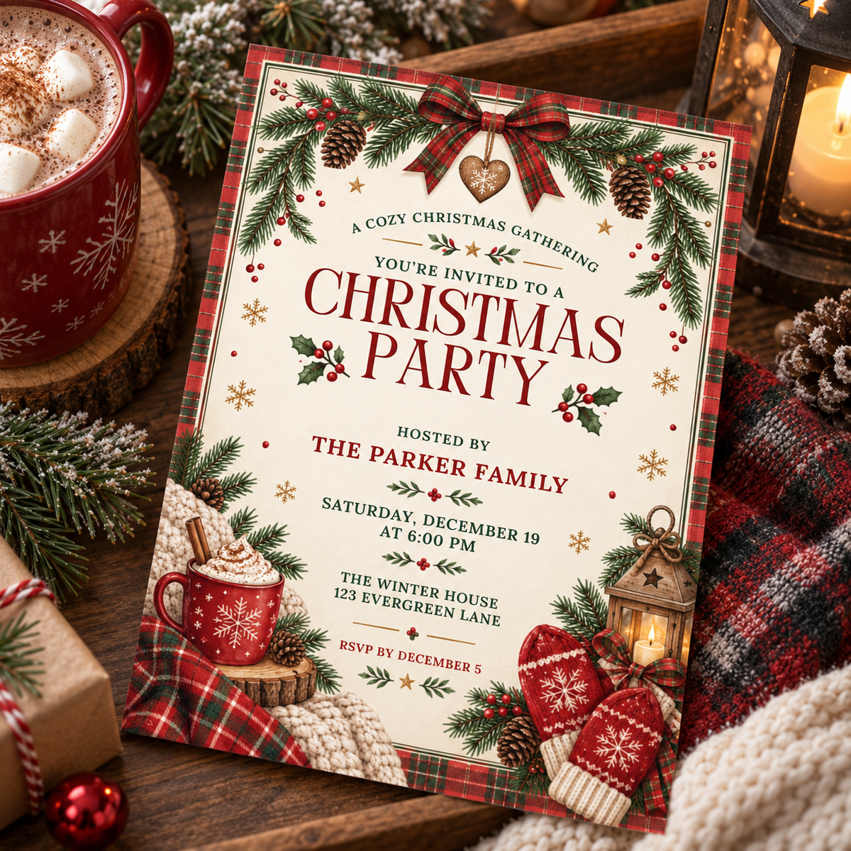 Plaid Christmas invitation lying on a wooden table with knit mittens and ornaments