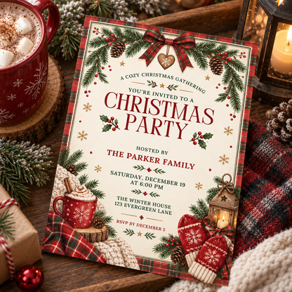 Plaid Christmas invitation lying on a wooden table with knit mittens and ornaments