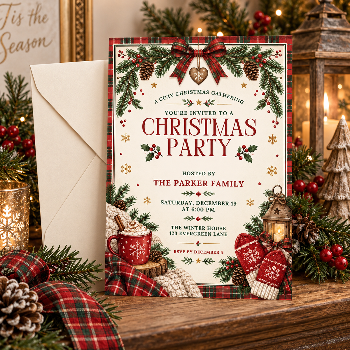Cozy Christmas party invitation with a cream envelope on red tartan fabric