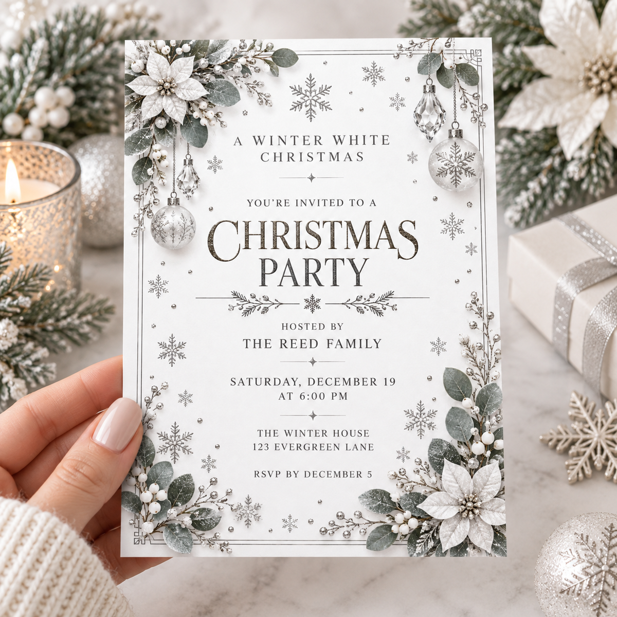 White Christmas party invitation with poinsettias and snowflakes held in a hand beside candles