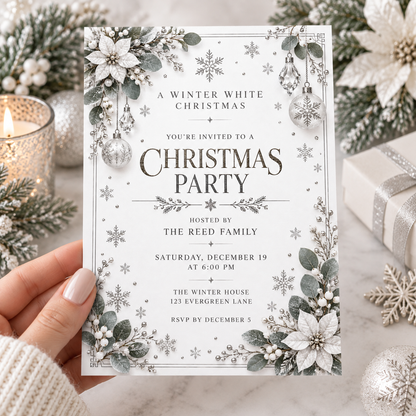 White Christmas party invitation with poinsettias and snowflakes held in a hand beside candles