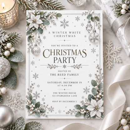 Winter white Christmas invitation on white satin with silver ornaments and greenery