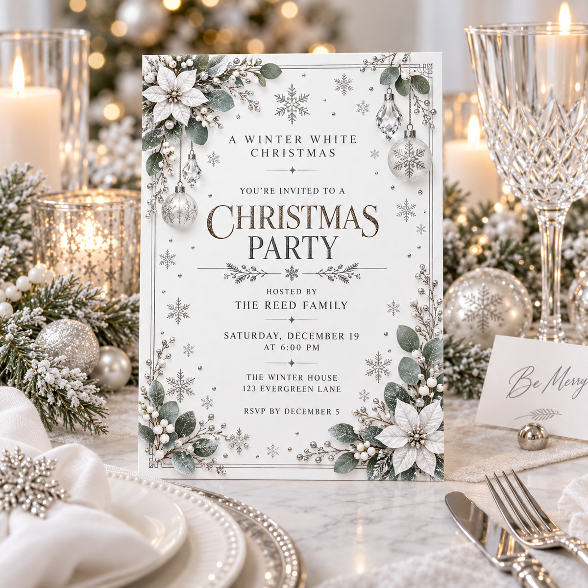 White Christmas party invitation on a table set with crystal glasses and a place card