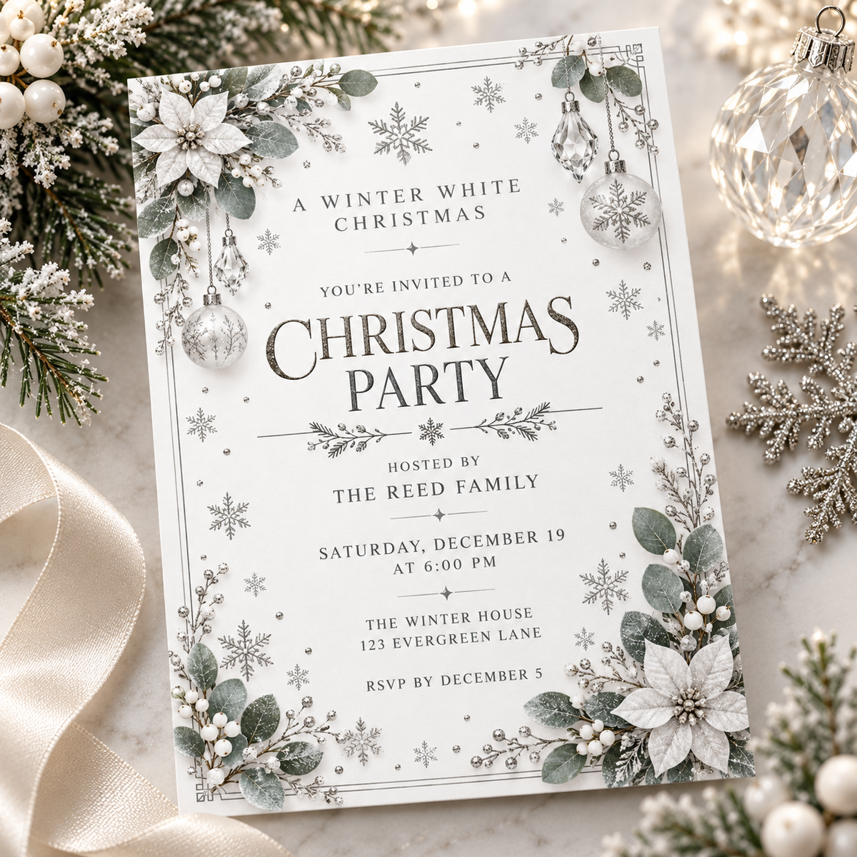 Snowflake Christmas invitation on white fabric with frosted pine sprigs and ornaments