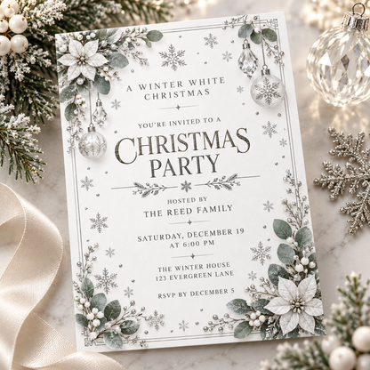 Snowflake Christmas invitation on white fabric with frosted pine sprigs and ornaments