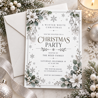 White and silver Christmas invitation with a white envelope and silver baubles