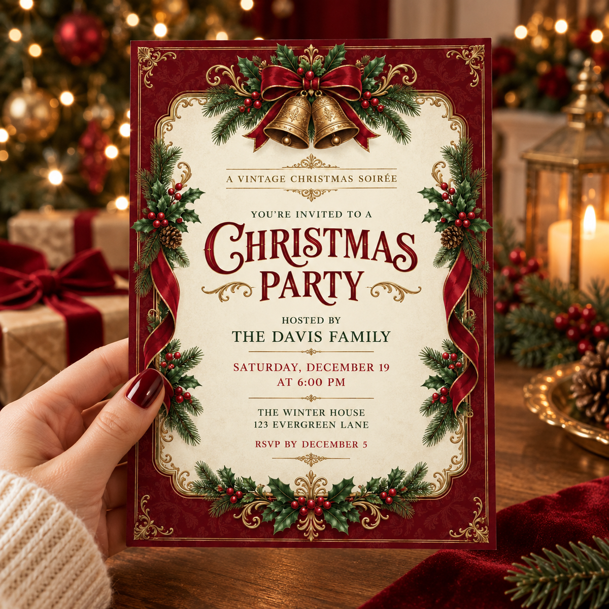 Burgundy vintage Christmas party invitation with gold bells held in a hand by a lantern