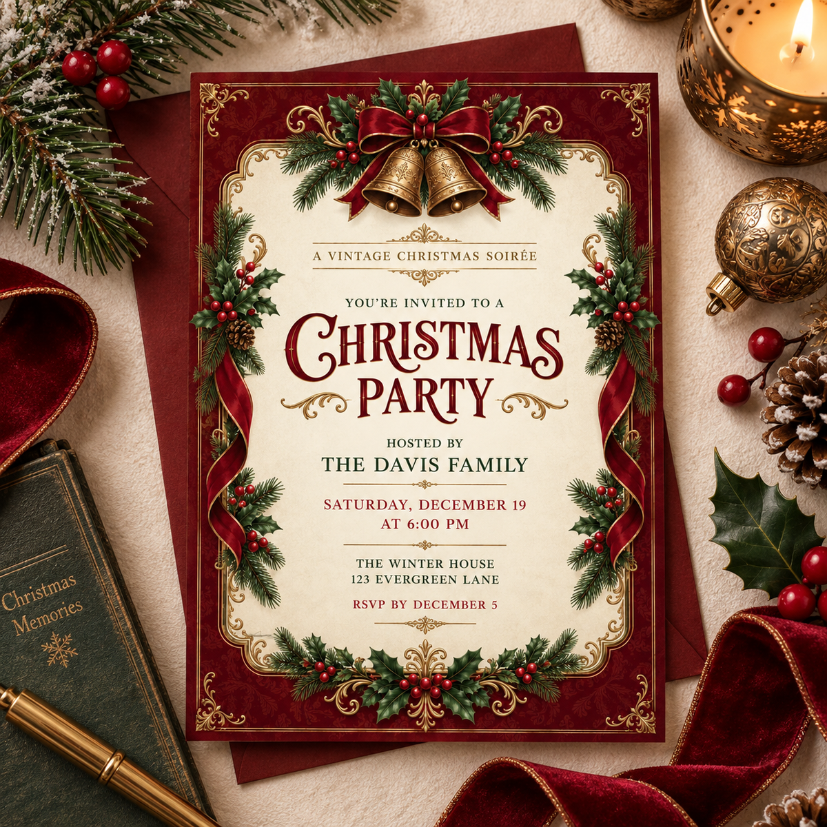 Vintage Christmas soiree invitation on burgundy velvet with pine and a gold ornament