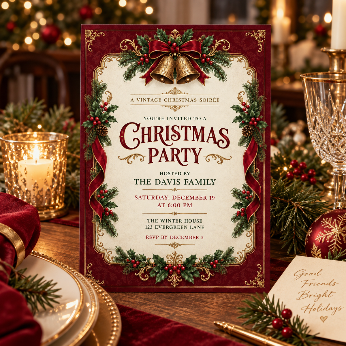 Burgundy and gold Christmas invitation standing among candles and wine glasses